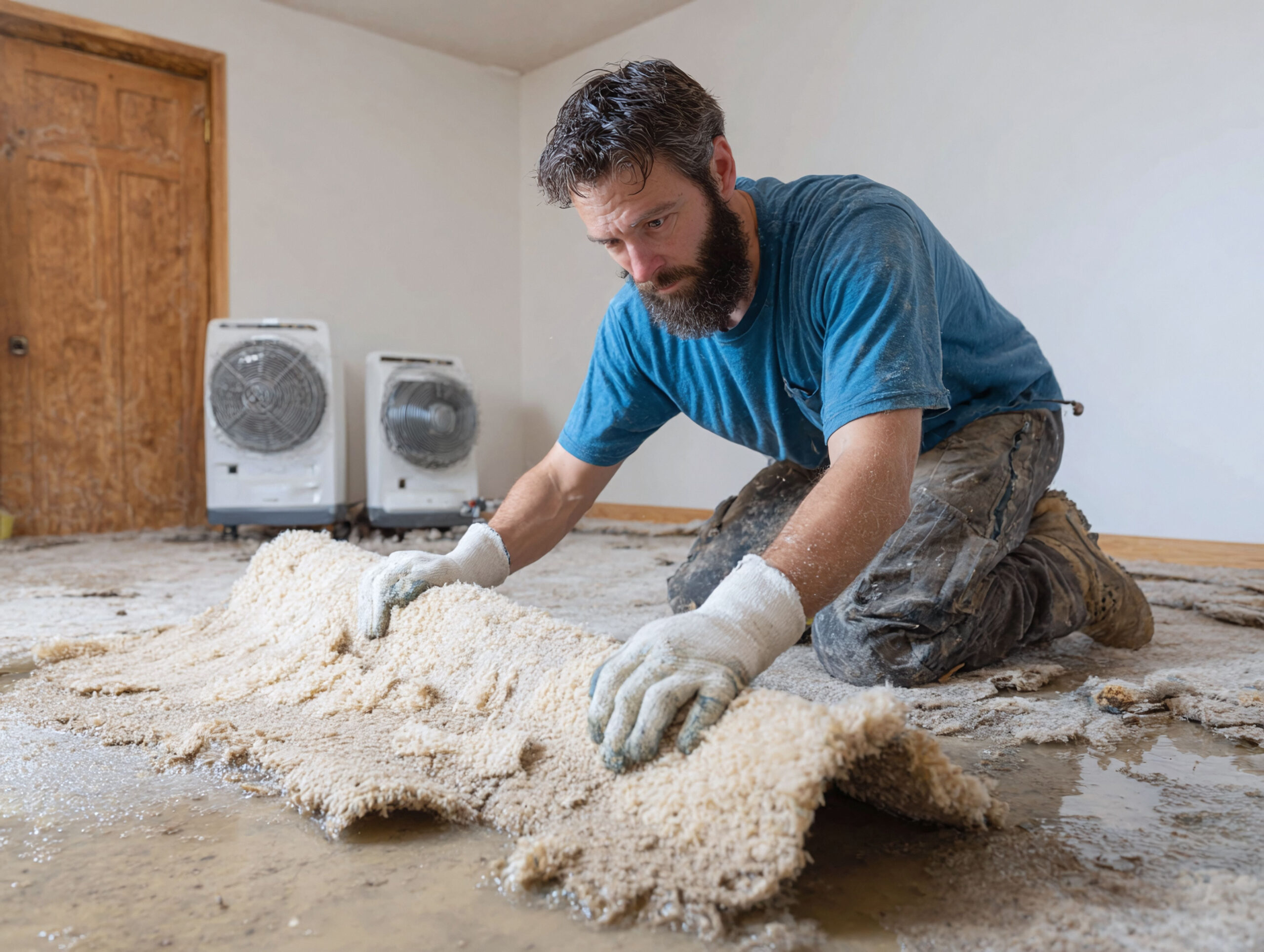 Man removing waterdamaged carpet. Home renovation, disaster recovery, flood cleanup. Illustrates resilience, property damage, and restoration efforts.