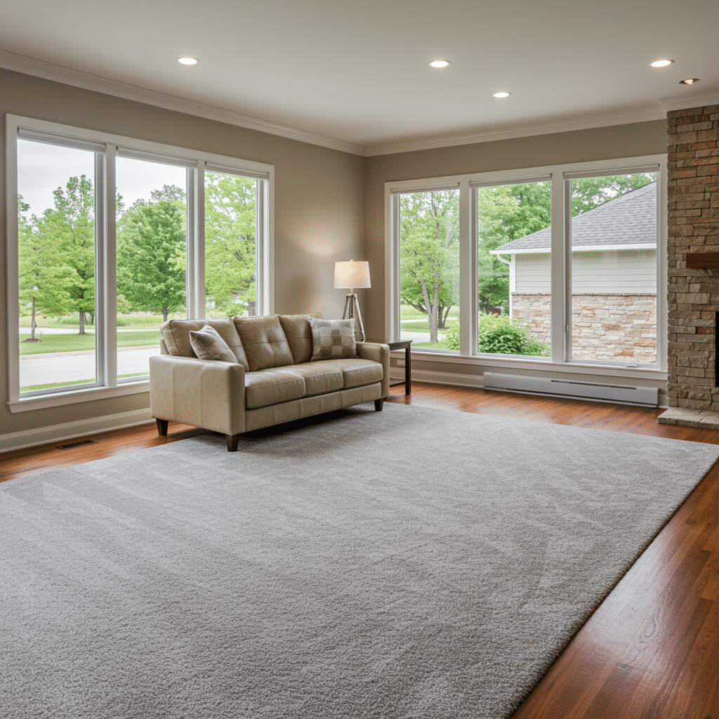 Restored living room at 9810 Rawles Ave Indianapolis, IN 46229 featuring clean carpet, upholstered sofa, and refreshed hardwood floors after water damage, carpet, and fire restoration