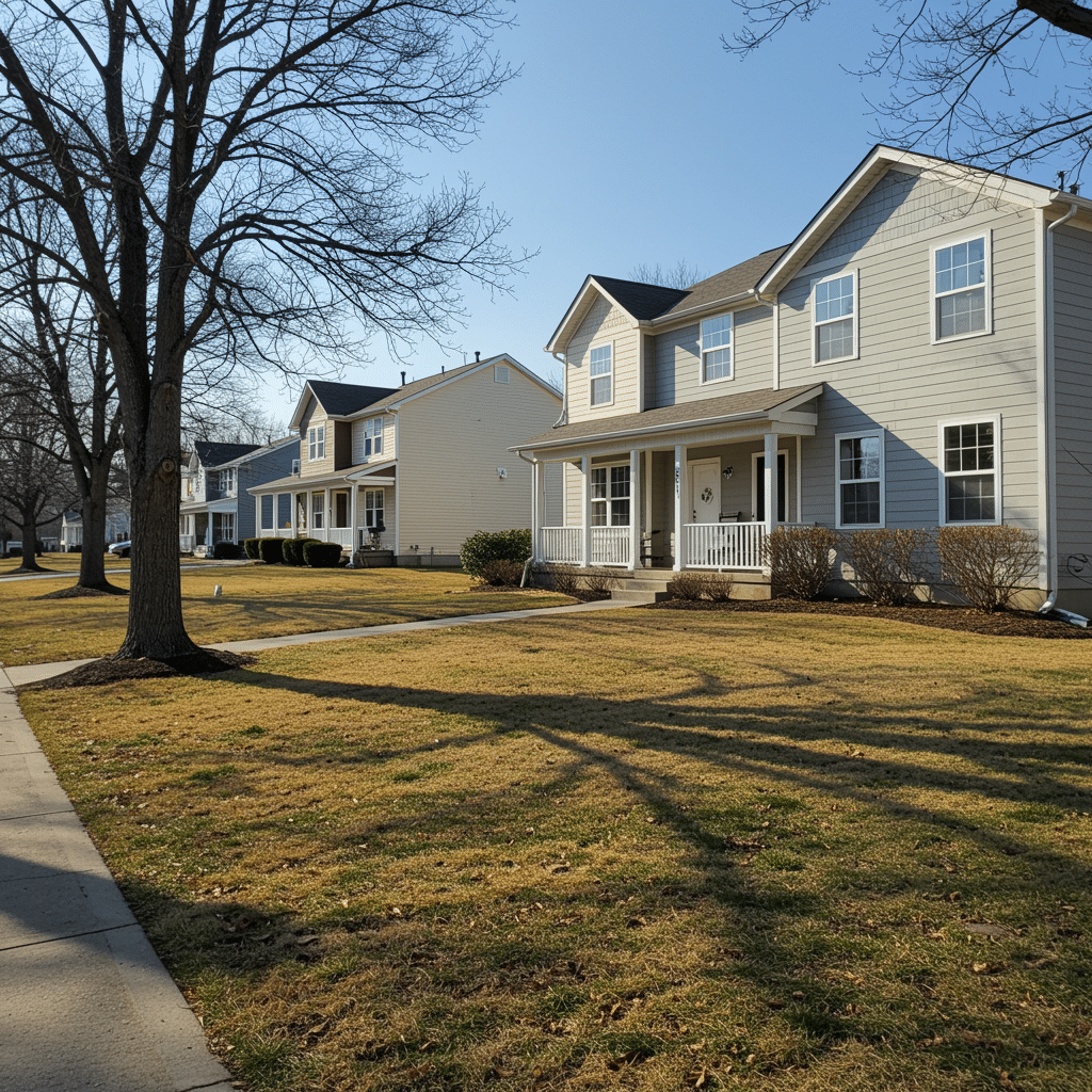 Wide view of Greenfield, IN residential neighborhood highlighting homes with restored exteriors, clean carpets, and signs of water and fire damage restoration by local experts near 9810 Rawles Ave Indianapolis, IN 46229