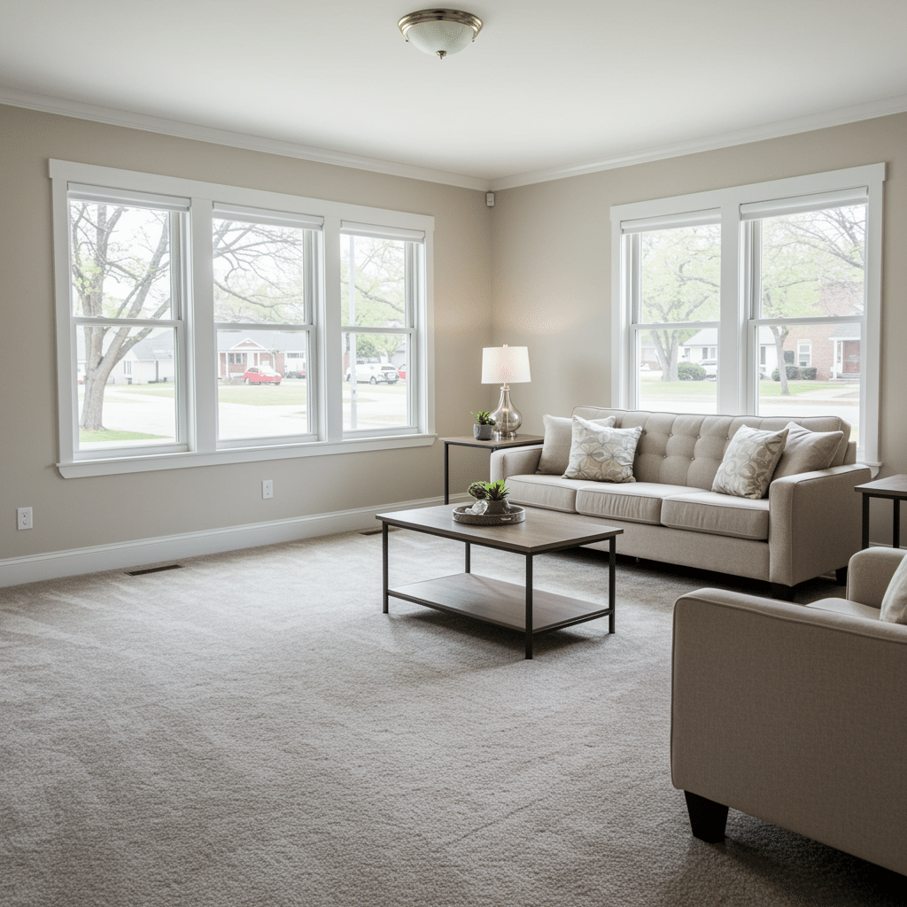 Restored living room interior with clean carpet and seating area after water and fire damage restoration at 9810 Rawles Ave, Indianapolis, IN 46229