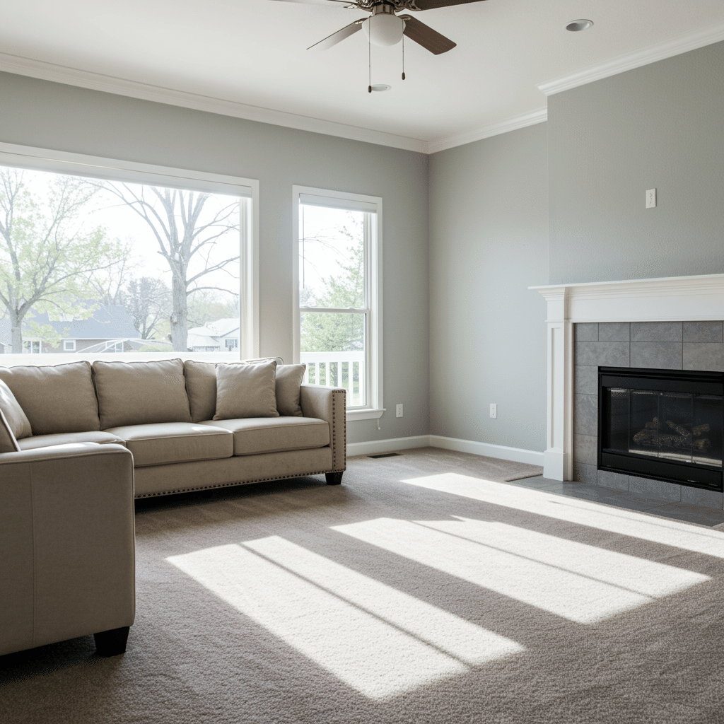 Pristine Indianapolis living room at 9810 Rawles Ave showcasing spotless carpet, clean upholstery, and a beautifully restored fireplace after water damage and fire restoration services
